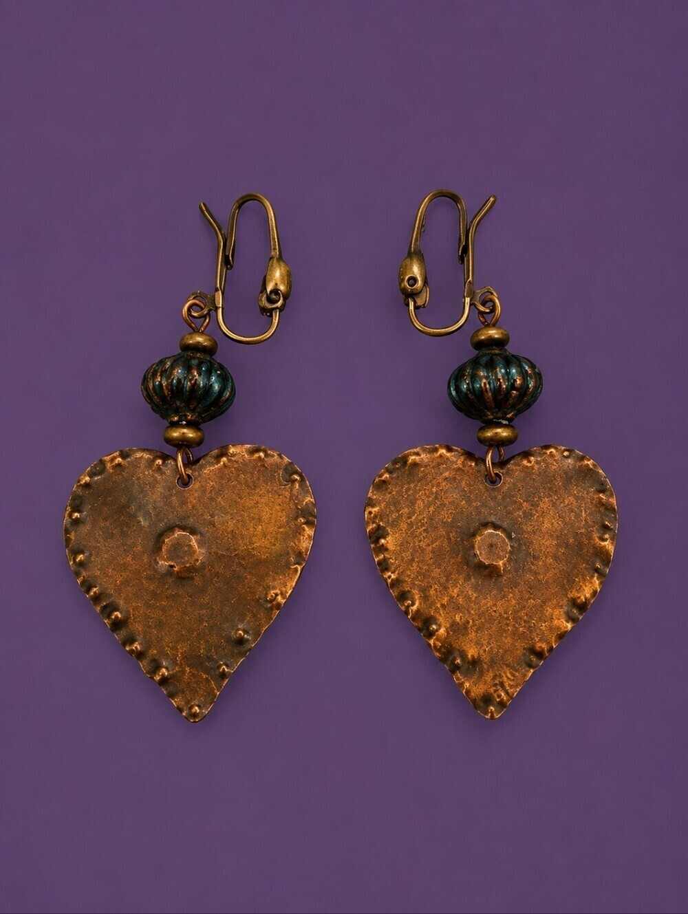 Vintage Copper Heart Beaded Clip-on Earrings